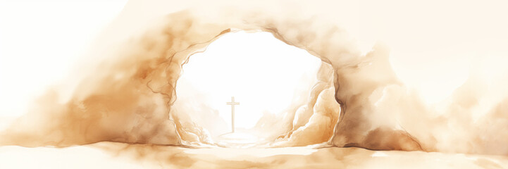 Jesus Christ Crucifixion Easter Scene Watercolor Illustration Banner - obrazy, fototapety, plakaty