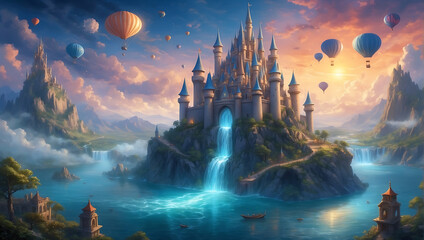 Zaczarowany zamek na mistycznej wyspie otoczonej przez balony - obrazy, fototapety, plakaty