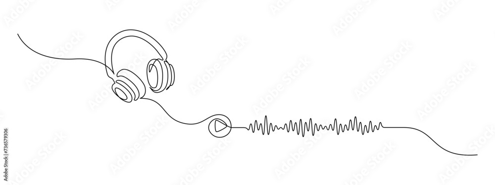 Aufkleber One continuous line drawing of audiobook concept. Listening and reading device web banner for education and podcasts in simple linear style. Editable stroke. Doodle outline vector illustration