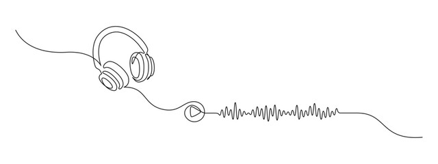 One continuous line drawing of audiobook concept. Listening and reading device web banner for education and podcasts in simple linear style. Editable stroke. Doodle outline vector illustration