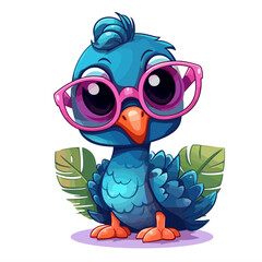 Cute blue bird with glasses on white background. Vector illustration.