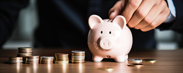 Bussiness hands putting coins into saving money piggs