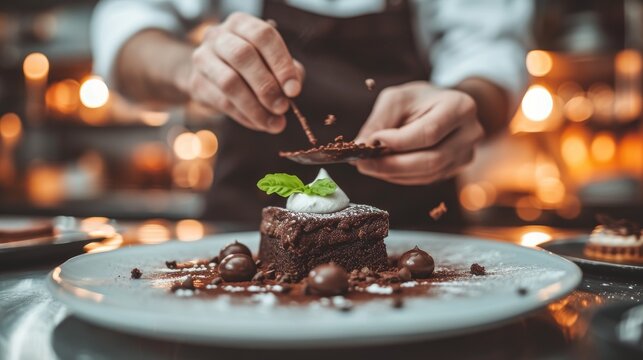 Chef decorating dessert in modern kitchen with copy space for text placement on blurred background.