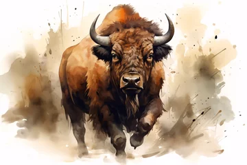 Fotobehang a watercolor of a buffalo © Serghei11