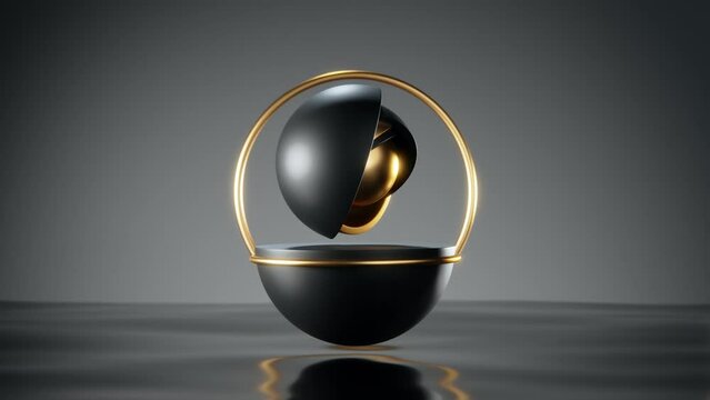 Loop 3d animation of abstract geometric shapes. Abstract hemispheres and a golden core with rings move on a black background and above a black surface with waves. Abstract animated 3d background.