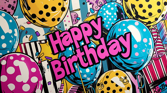 An image capturing "Happy Birthday" in bold, pop art style lettering, accompanied by polka-dotted and striped balloons. The background is a collage of comic book panels, giving a fun, retro vibe.