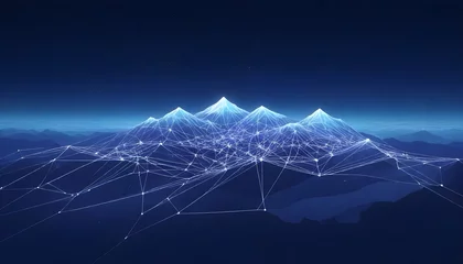 Fototapeten Wireframe mountains with a network of connected lines on a dark blue background. © sanart design
