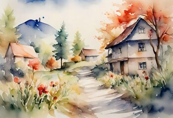 landscape with house and trees watercolour paintin 
