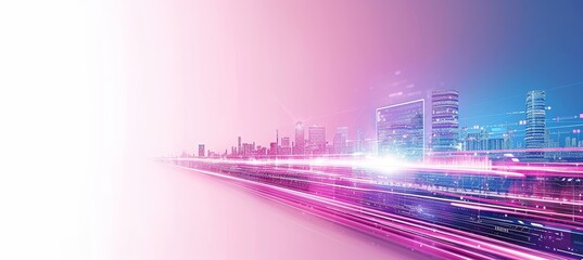 Vibrant neon cityscape with futuristic skyscrapers, dynamic light trails, and pulsating energy