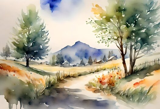 landscape with trees water colour painting