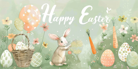 Happy Easter postcard. Whimsical illustration of a cute bunny,  sitting in a serene spring garden flowers and easter eggs. Cute children decor.