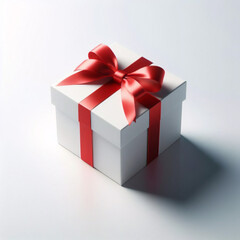 Obraz premium Caja de regalo blanca con lazo de cinta roja, aislada sobre fondo blanco