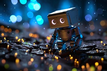 digital computer robot android in a space of holographic elements and lights, abstract background, cyber future, digital art concept - obrazy, fototapety, plakaty