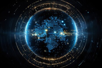 Obraz premium surface of earth planet with futuristic computer technology and mega city, digital connections with hologram and glow against background of space, concept of globalization and urbanization