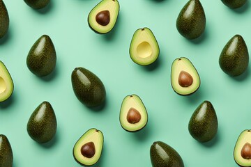 Organic avocado with seed and whole fruits on light blue background. Fresh food pattern in minimal flat lay style. Healthy vegetarian food and lifestyle concept. Top view. Generative ai