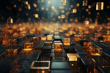 abstract dark background with many golden block shapes and lights, in the style of 3D rendering, digital art - obrazy, fototapety, plakaty