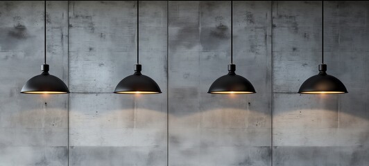 Industrial-style metallic pendant lamps against concrete wall