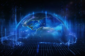 Fototapeta premium surface of earth planet with futuristic computer technology and mega city, digital connections with hologram and glow against background of space, concept of globalization and urbanization