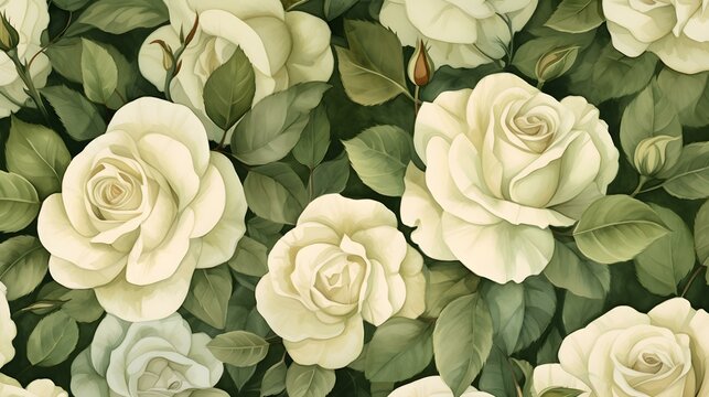 Abstract Background of illustrated Roses. Floral Wallpaper in khaki Colors