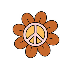 Vector groovy flower with peace sign isolated on white background