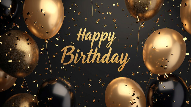 An image featuring "Happy Birthday" in classic, elegant gold foil lettering, surrounded by gold and black balloons. 