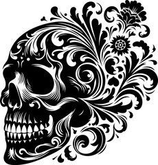 grim reaper, skull, silhouette flowers ornament decoration, floral vector design. 