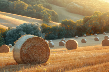 Golden Sunset Over a Serene Farm Landscape With Hay Bales Scattered in the Field - 736584963