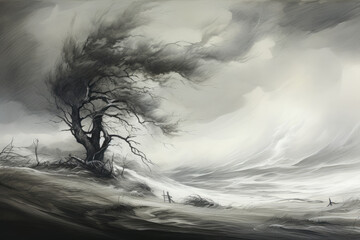 Solitary Tree Standing Against Tempestuous Skies in Monochrome Ink Wash Landscape. Generative AI. - 736585110