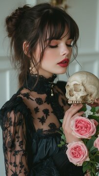 Girl in hands with a skull, gothic dark gloomy style, theater, to be or not to be, horror, death