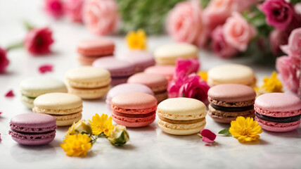 "Delicate Morning: Macaroons and Flowers for a Light Breakfast on White"

