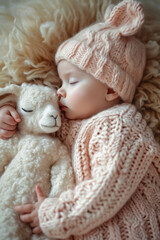 Fototapeta na wymiar A cute and adorable baby in pink knitted outfit is sleeping with a toy lamb on a soft surface. Used for infant eco friendly and handmade toys.