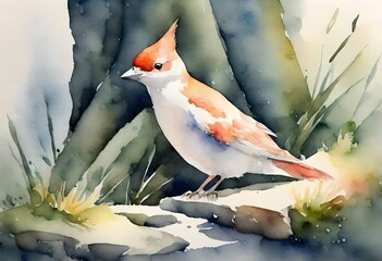 red cardinal on a branch watercolour painting 