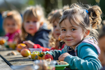 Pupils having a snack outdoor, break time in school