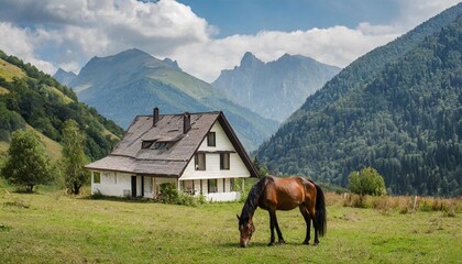 Fototapeta na wymiar one beautiful house and a domestic horse in a clearing against the backdrop of mountains and hills
