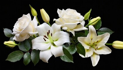 Obraz na płótnie Canvas white roses and lily isolated on black background floral arrangement bouquet of garden flowers can be used for invitations greeting wedding card