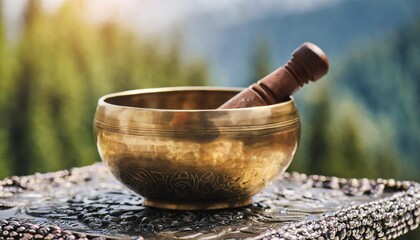 a close up of a tibetan singing bowl or himalayan bowl - obrazy, fototapety, plakaty