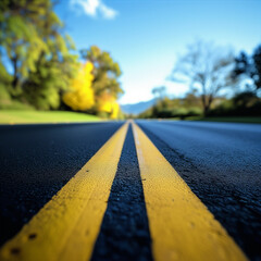 Vibrant Road Journey - Close-Up of Yellow Road Markings with Scenic Nature Backdrop