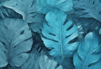 A close-up of multiple overlapping monstera leaves with a bluish tint