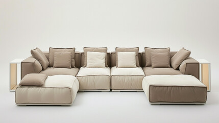 A contemporary sectional in beige and taupe, complemented by empty white frames for a minimalist look.
