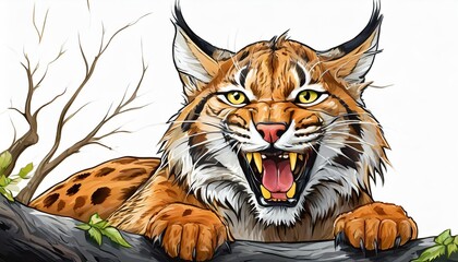 Fototapeta na wymiar roaring wild cat bobcat head isolated on white mascot vector cartoon illustration