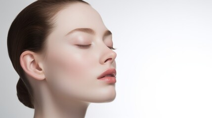 face model, full face in the shot, photographic style, smooth skin, hand on the face, white background