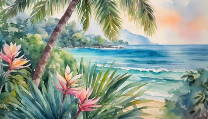 lush tropical plants and graceful palm trees ocean landscape soothing palette of delicate pastel hues painted in watercolour illustration - obrazy, fototapety, plakaty