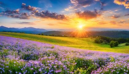 beautiful panorama rural landscape with sunrise and blossoming meadow purple flowers flowering on spring field phacelia