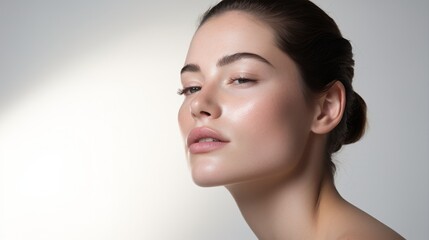 face model, full face in the shot, photographic style, smooth skin, hand on the face, white background