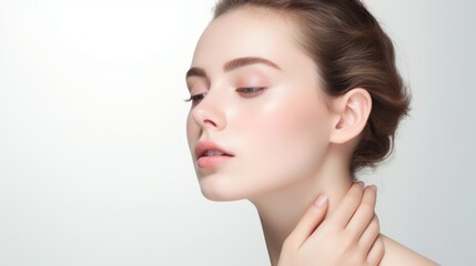 face model, full face in the shot, photographic style, smooth skin, hand on the face, white background