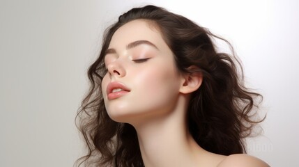 Fototapeta premium face model, full face in the shot, photographic style, smooth skin, hand on the face, white background