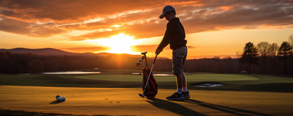 Junior kid practicing golf evening golf field. - obrazy, fototapety, plakaty