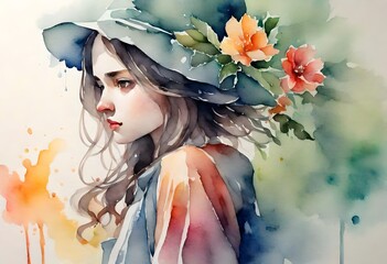 portrait of a woman with flowers watercolour painting 