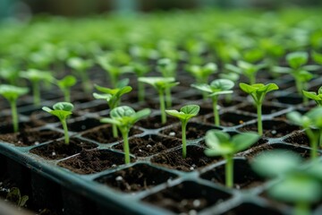 Seedlings in a greenhouse. Backdrop with selective focus and copy space
