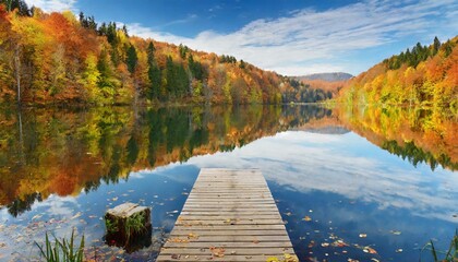 autumn forest landscape reflection on the water with wooden pier
